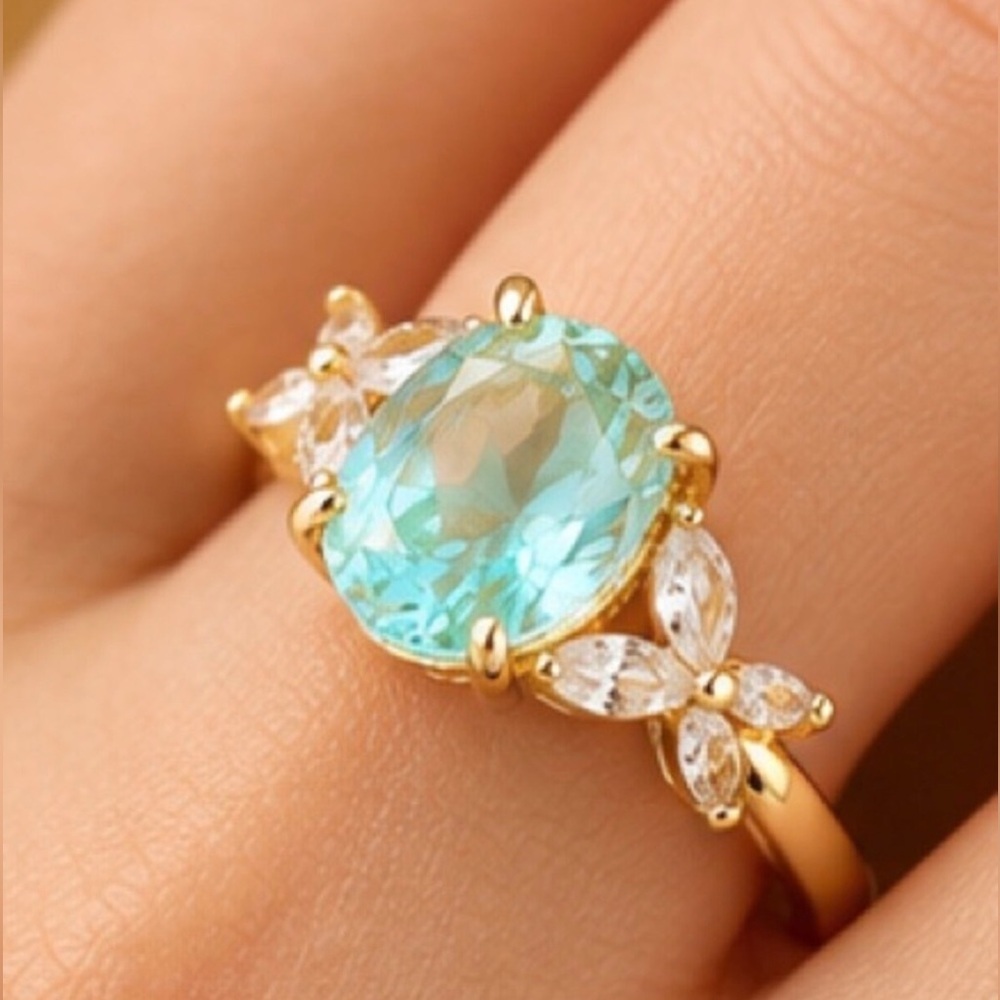 Aqua Blue Oval Stone Ring Gold Tone Floral Clear Stone Accents (R3)